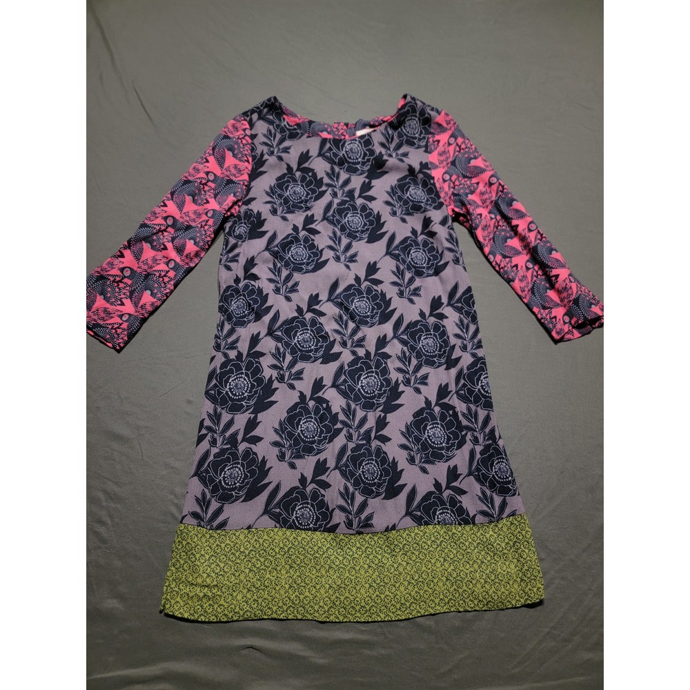 White Stuff Mixed Floral Bird Print Shift Dress Purple Pink Green UK 8 EU 36